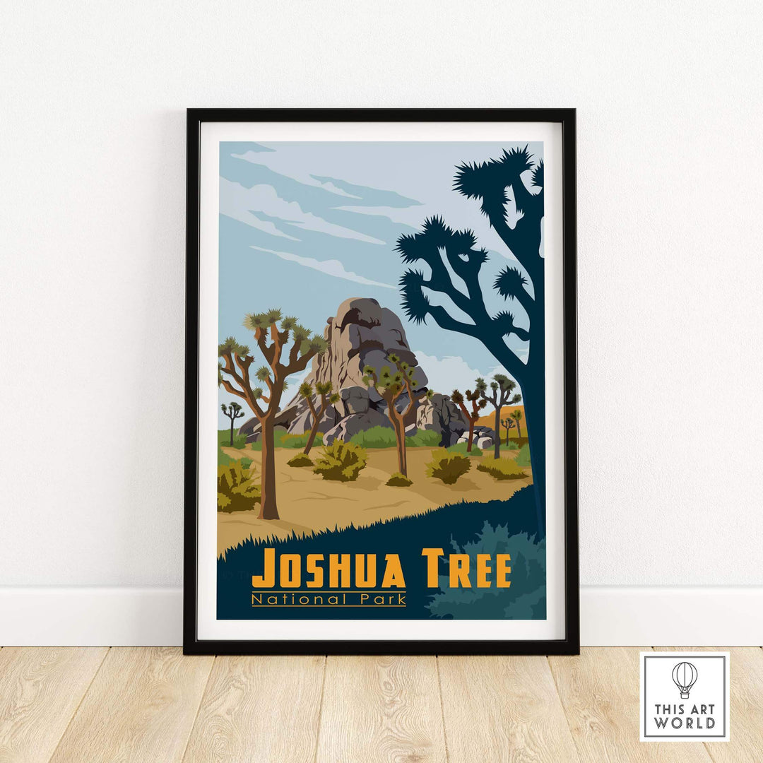 Joshua Tree National Park poster featuring desert landscape and iconic Joshua trees, perfect for nature lovers.
