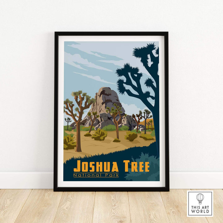 Joshua Tree National Park poster featuring desert landscape and iconic Joshua trees, perfect for nature lovers.