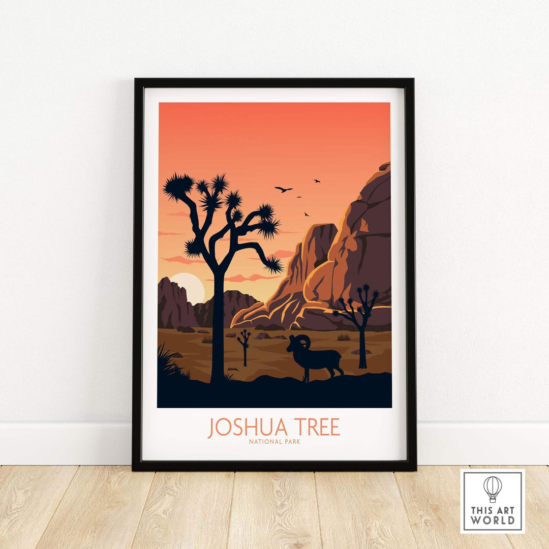 Joshua Tree National Park poster in minimalist style, featuring unique desert landscape and sunset colors.