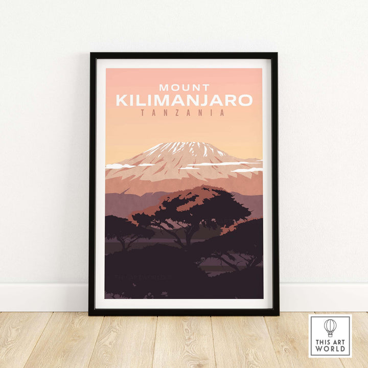 Kilimanjaro Print Wall Art Poster featuring Mount Kilimanjaro in vintage style, perfect for travel lovers.