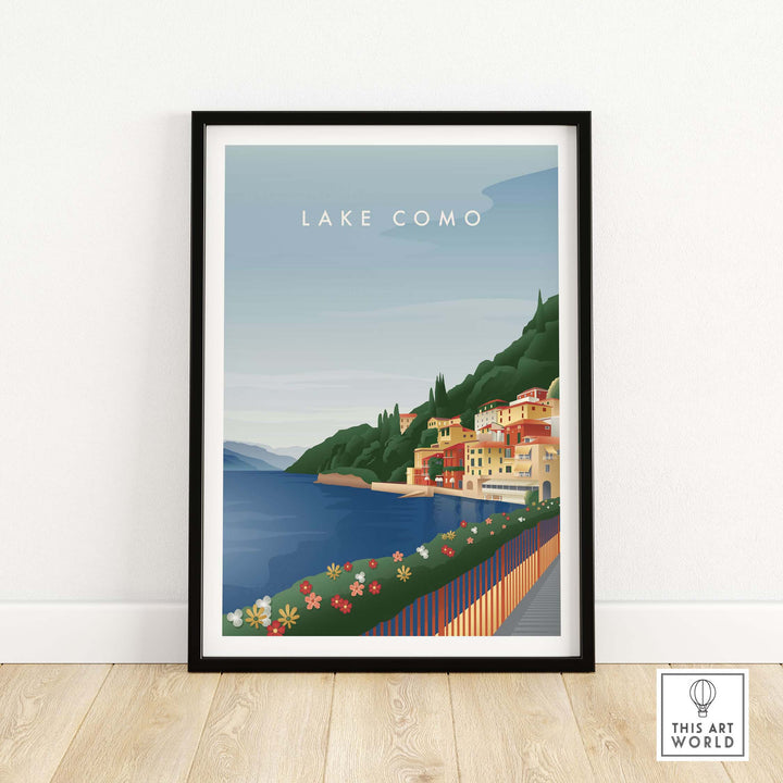 Vintage Lake Como wall art poster showcasing colorful buildings by the lake and vibrant flowers in a stylish frame.