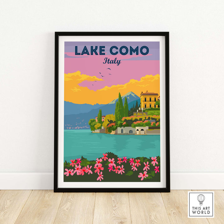 Vintage-inspired Lake Como Italy wall art print featuring scenic views and vibrant colors.