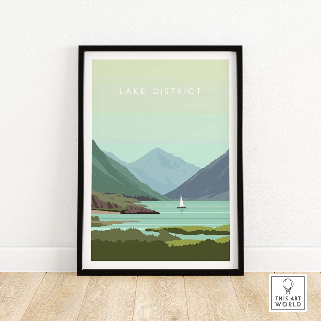 Lake District Print Wall Art Poster featuring serene landscape with mountains and lake in a framed design.