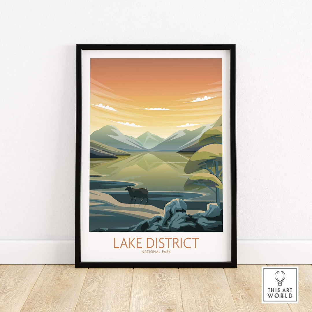 Lake District National Park art print featuring serene landscape and minimalist design, framed on a stylish wall.