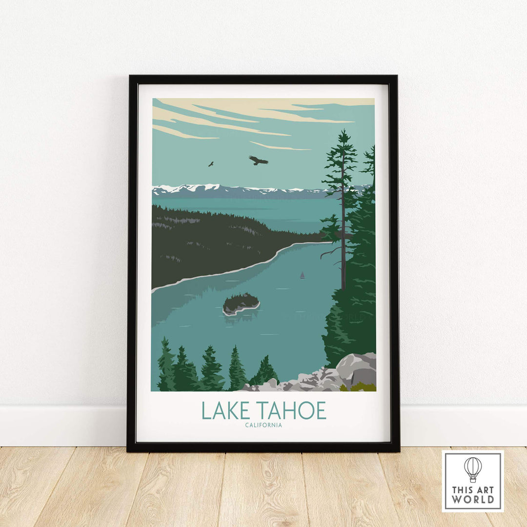 Lake Tahoe vintage poster print featuring serene lake and forest scenery, perfect for home or office decor.