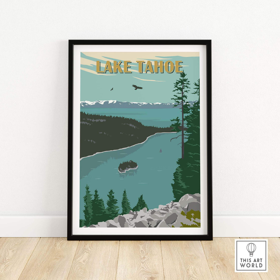 Lake Tahoe vintage print art featuring serene lake views and lush forest, perfect for home or office decor.