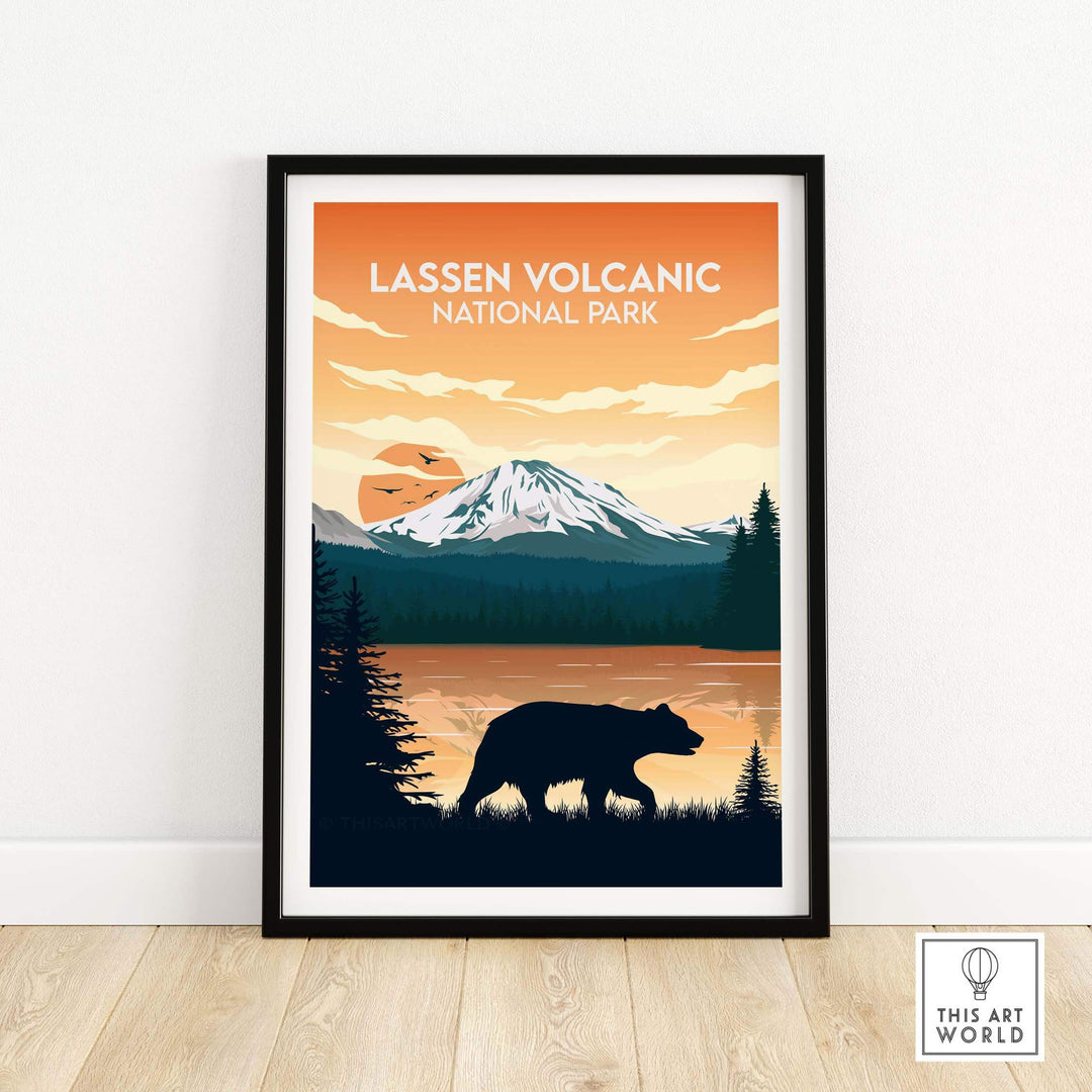 Lassen Volcanic National Park poster featuring a bear silhouette and mountain scene in a minimalist style.