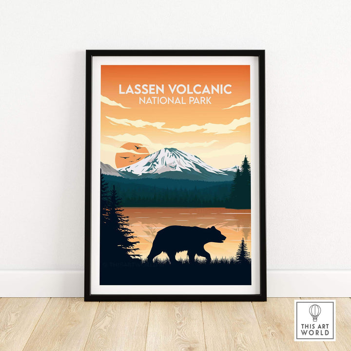 Lassen Volcanic National Park poster featuring a bear silhouette and mountain scene in a minimalist style.