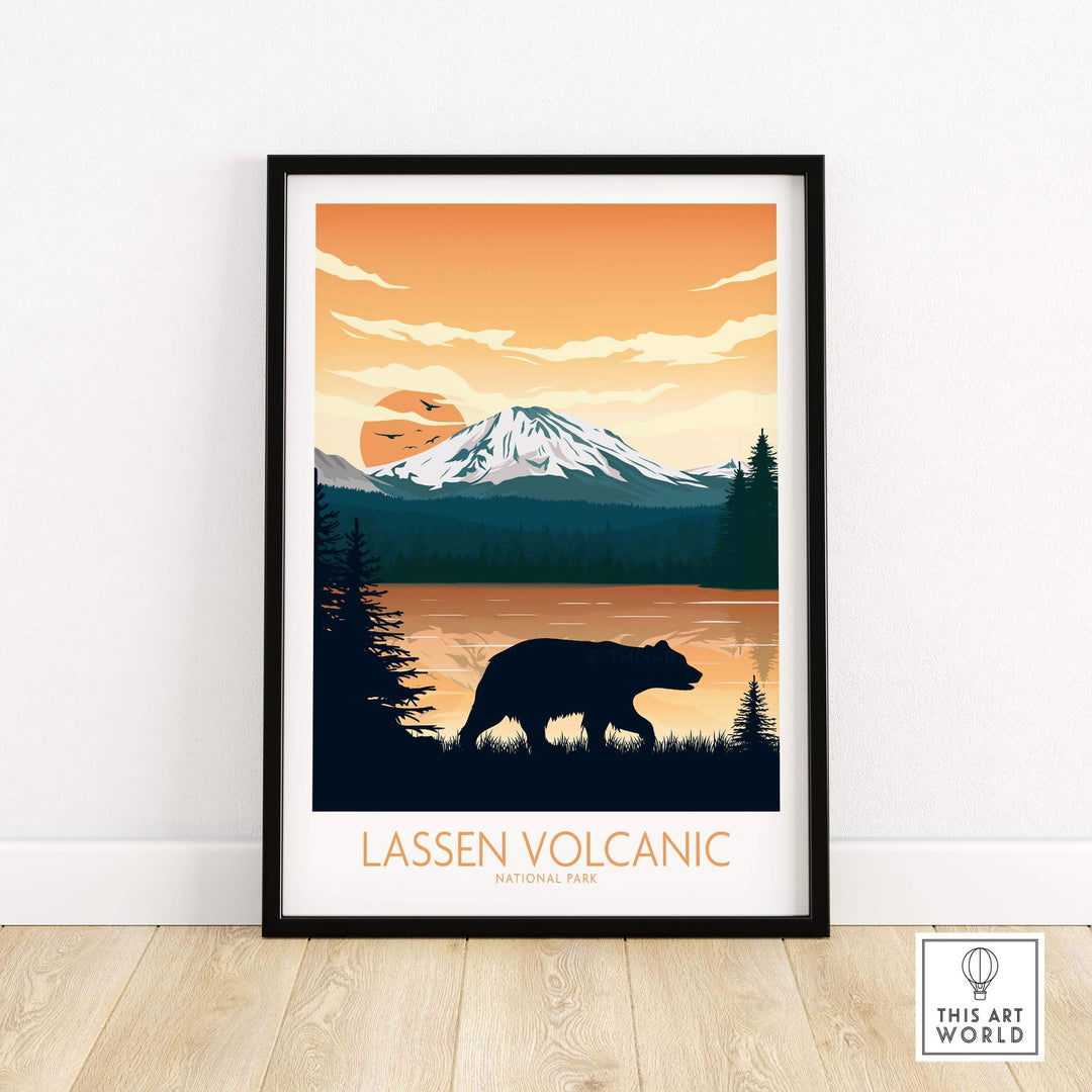 Lassen Volcanic National Park poster featuring a bear silhouette against a sunset mountain backdrop.