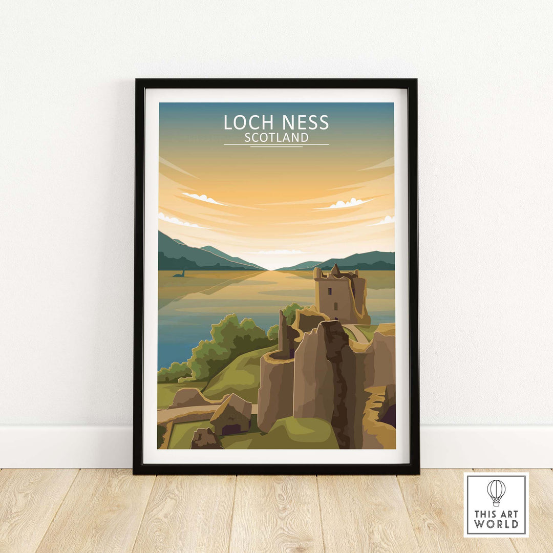 Loch Ness Wall Art Scotland Print in a stylish frame showcasing scenic landscape and mountains.