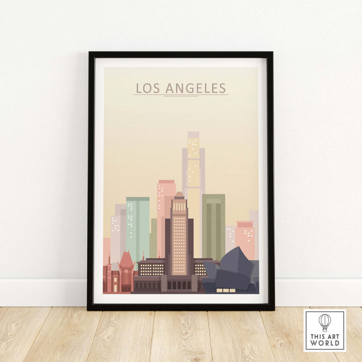Los Angeles skyline poster art print in pastel tones, framed wall decor showcasing iconic city architecture.