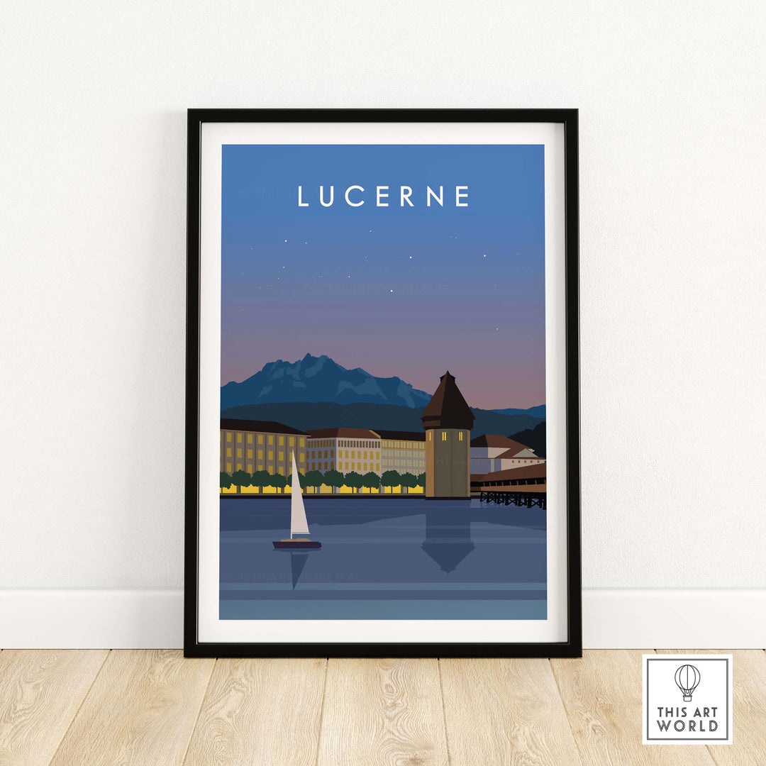 Framed Lucerne Switzerland print showcasing lake view and mountains, inspired by vintage travel posters.