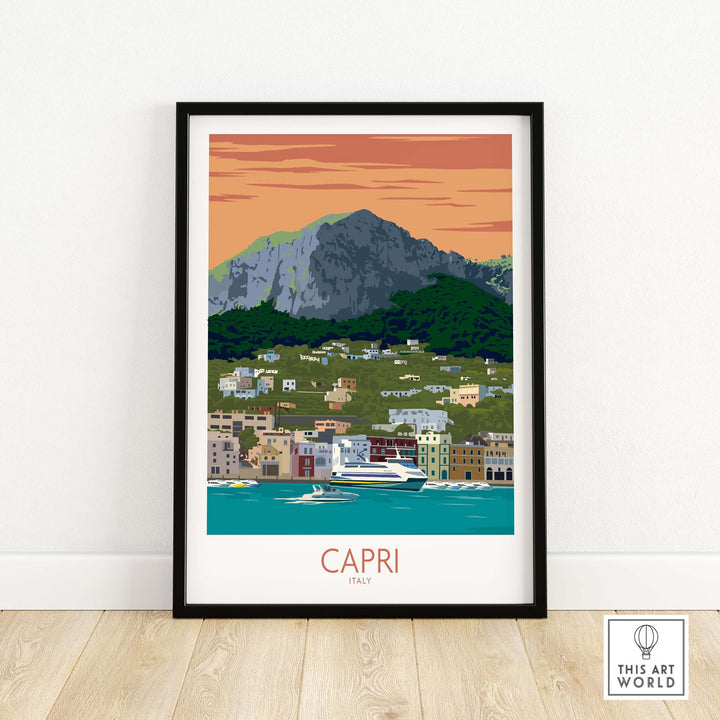 Framed Capri Print travel poster showcasing vibrant coastal scenery of Capri, Italy, in a minimalist vintage style.