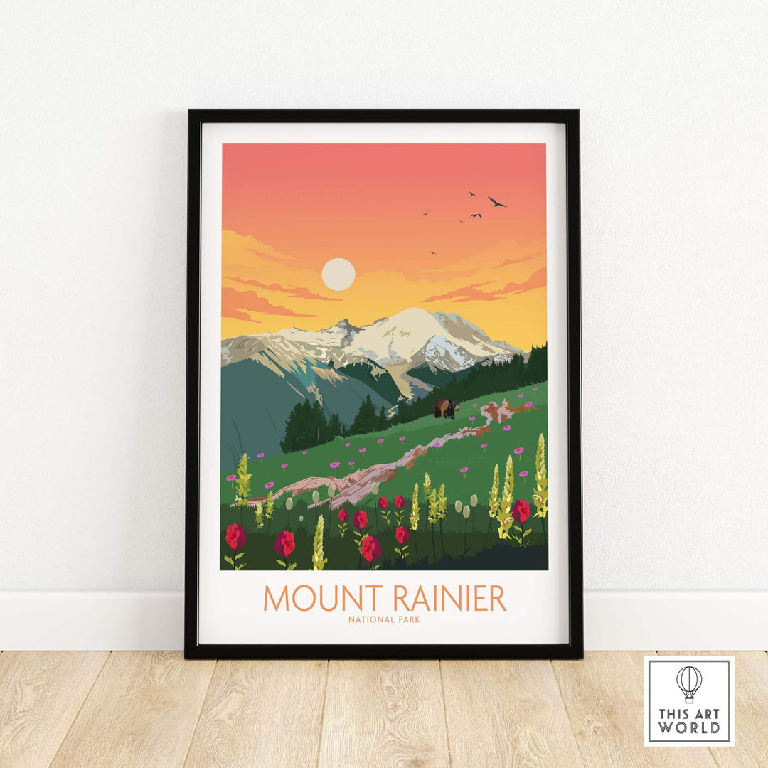 Mount Rainier National Park poster art print featuring mountains, wildflowers, and a sunset, framed for stylish decor.