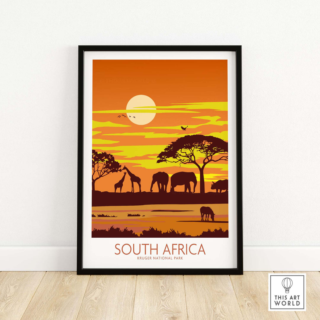 Colorful South Africa print of Kruger National Park featuring elephants and giraffes against a sunset.