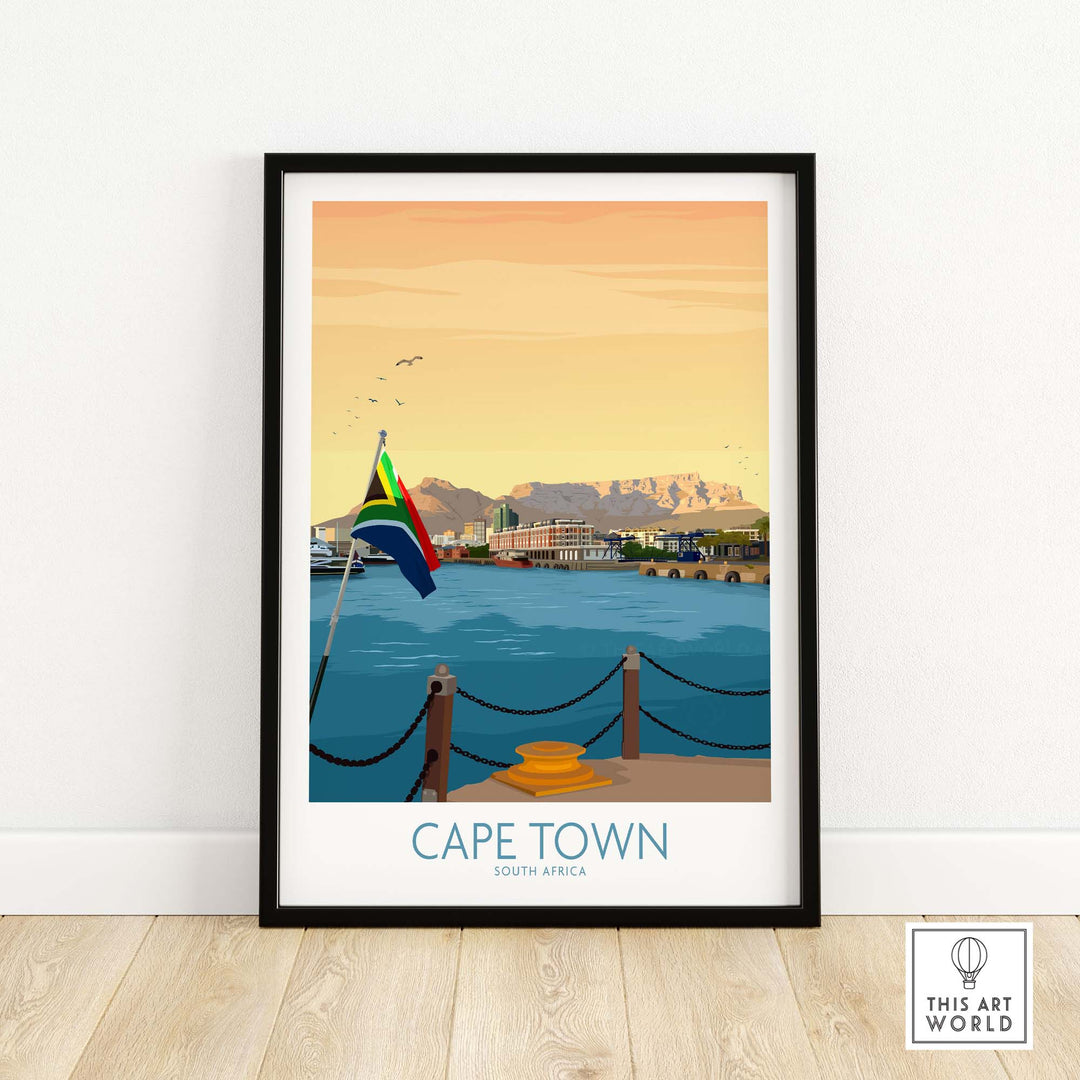 Cape Town art print featuring a scenic view of Table Mountain and waterfront with a South African flag.