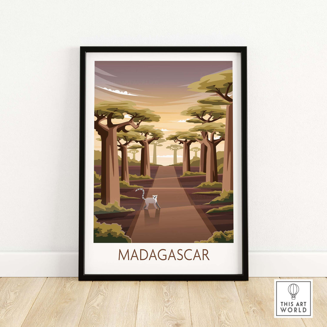 Madagascar poster featuring a scenic landscape with a pathway and baobab trees, showcasing vintage travel art.