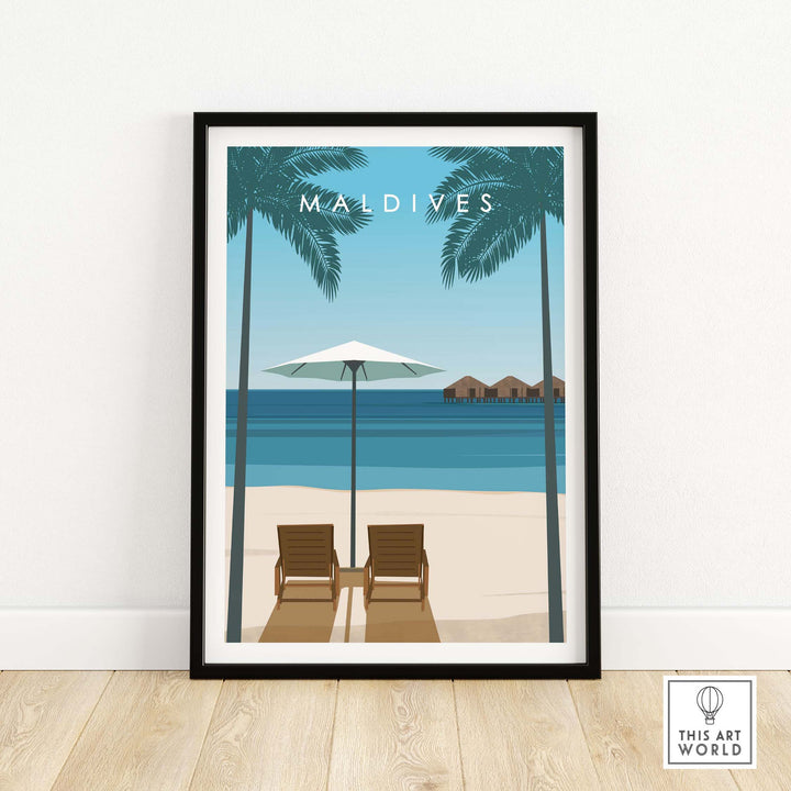 Maldives poster showcasing white sandy beach, palm trees, and two lounge chairs under an umbrella for vacation inspiration.