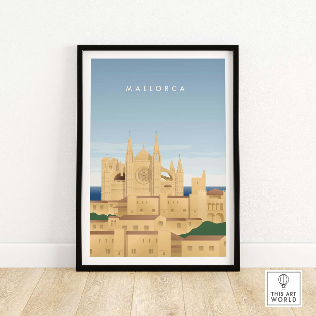 Mallorca wall art poster featuring a vintage-inspired design of Mallorca's iconic architecture.