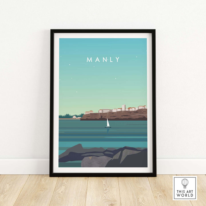 Manly Australia Poster Print featuring a coastal view and sailboat, framed wall art for stylish home decor.
