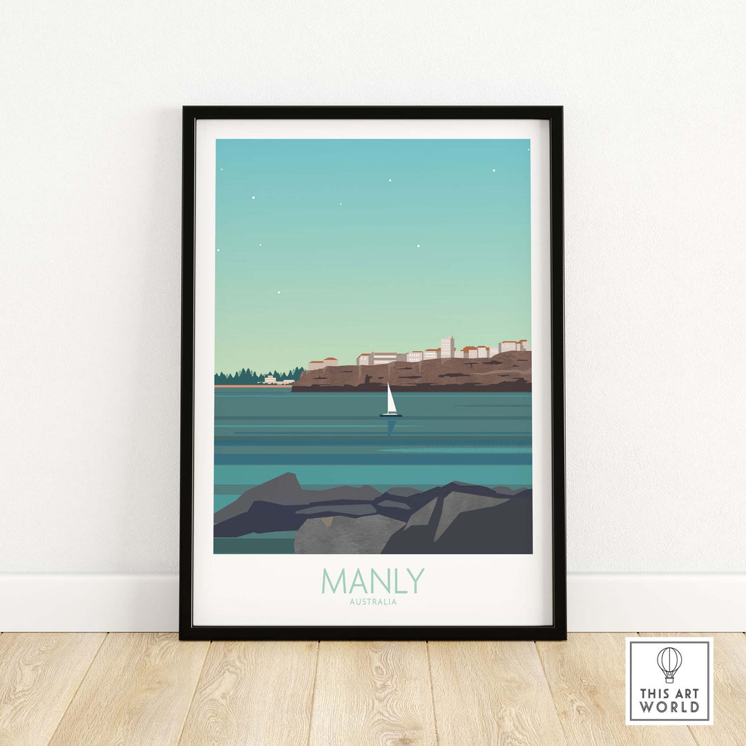 Manly Australia travel poster featuring serene coastal scene with sailboat and vintage design.
