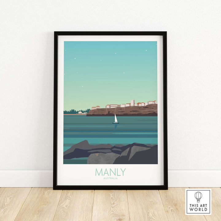 Manly Australia travel poster featuring serene coastal scene with sailboat and vintage design.