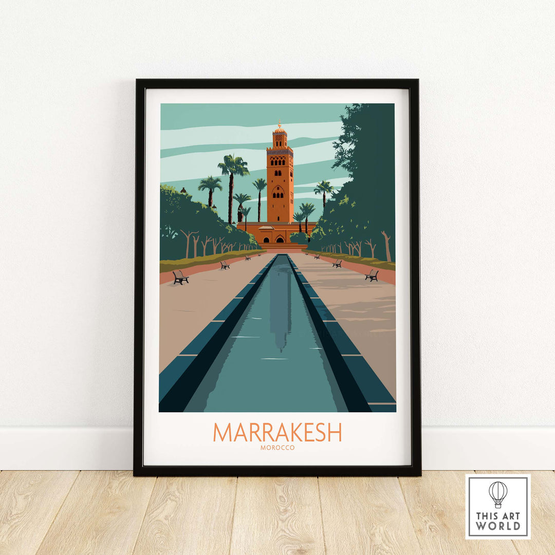 Marrakesh Poster Morocco Wall Art featuring a vintage-inspired design of a landmark surrounded by palm trees.