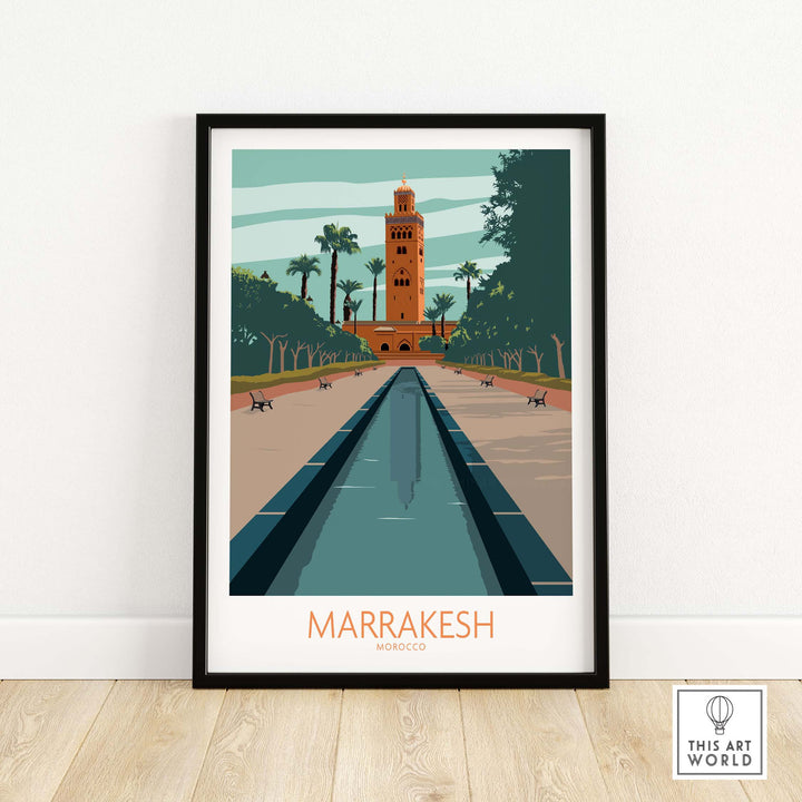 Marrakesh Poster Morocco Wall Art featuring a vintage-inspired design of a landmark surrounded by palm trees.