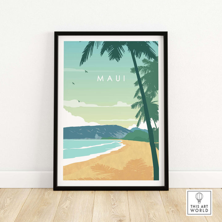 Maui print wall art poster featuring serene beach, palm trees, and minimalist design for a calming home aesthetic.