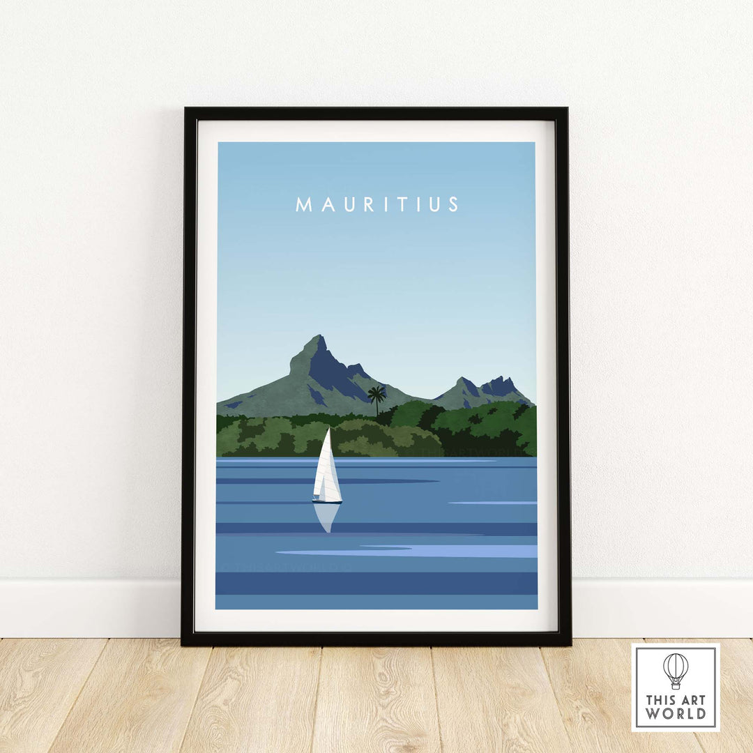 Mauritius travel poster print featuring a sailboat and green mountains in a minimalist style.