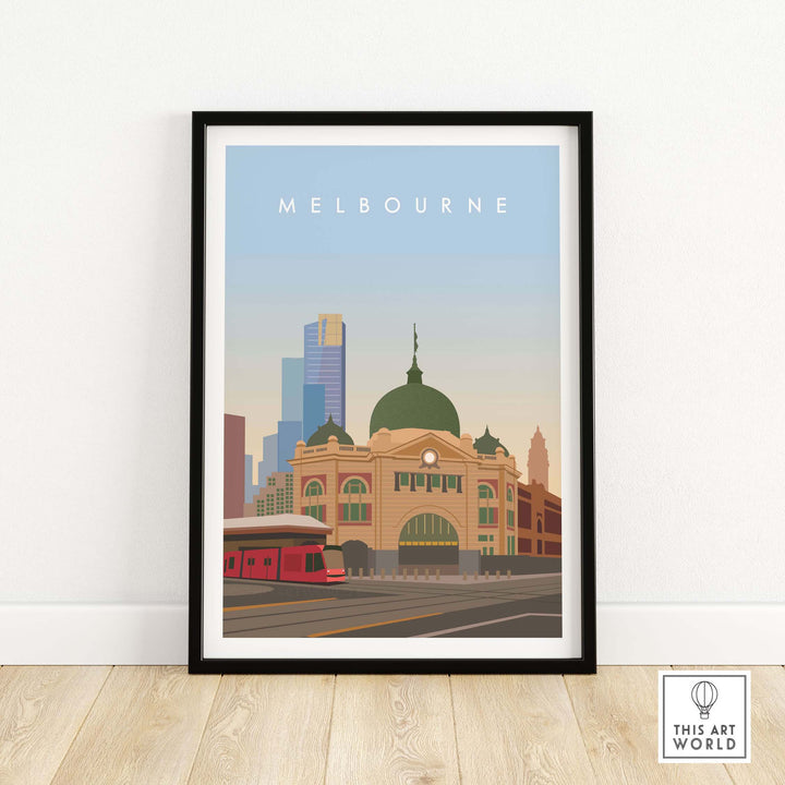 Melbourne Wall Art Print featuring a minimalist design of a historic building and city skyline.