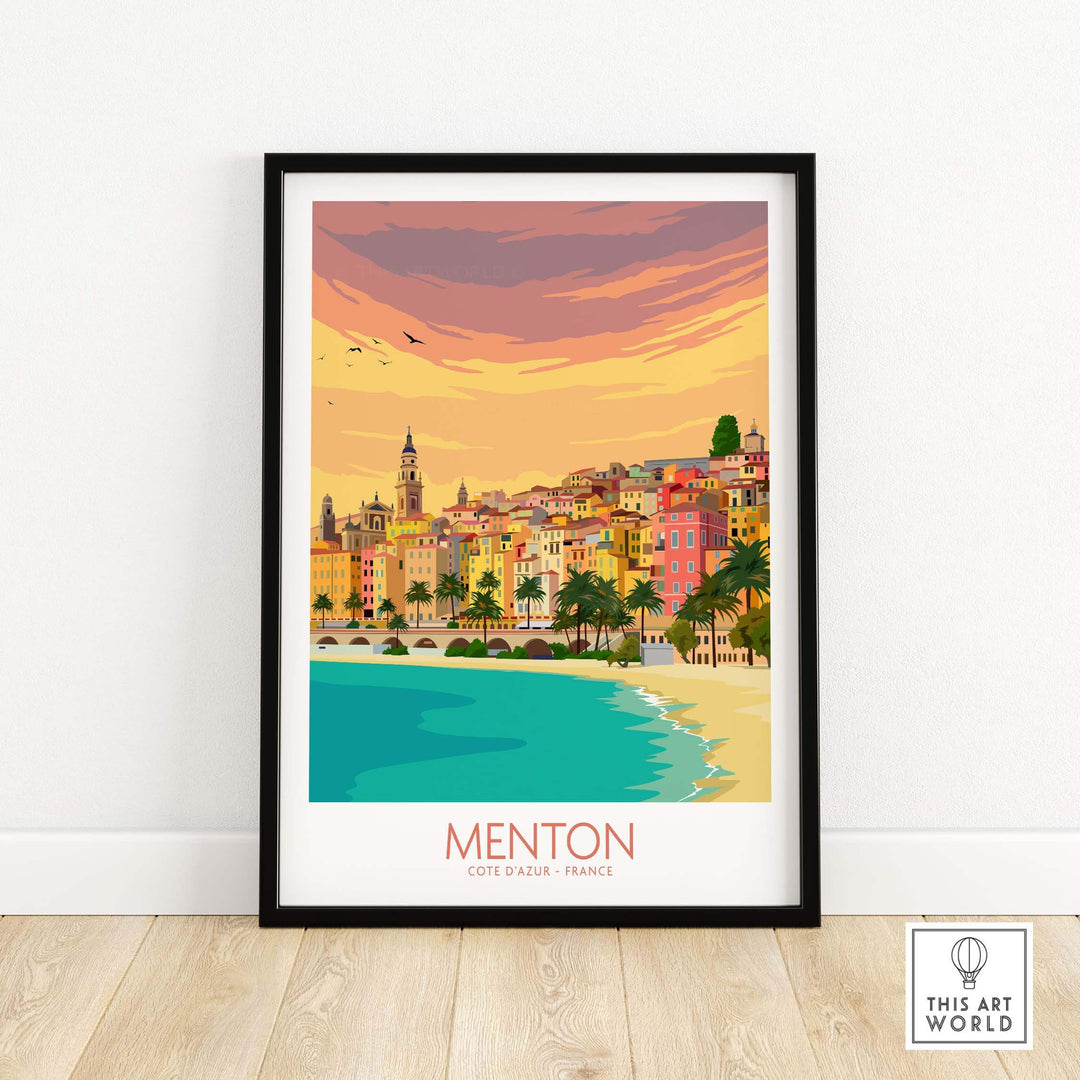 Menton Cote d'Azur poster print featuring colorful coastal village and sunset sky.