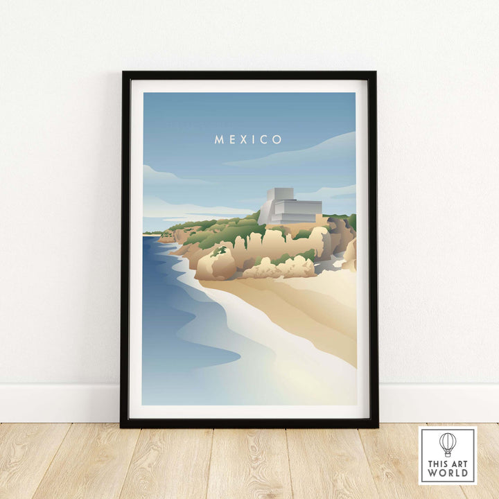 Mexico Wall Art Poster featuring a serene beach landscape and vintage style typography.