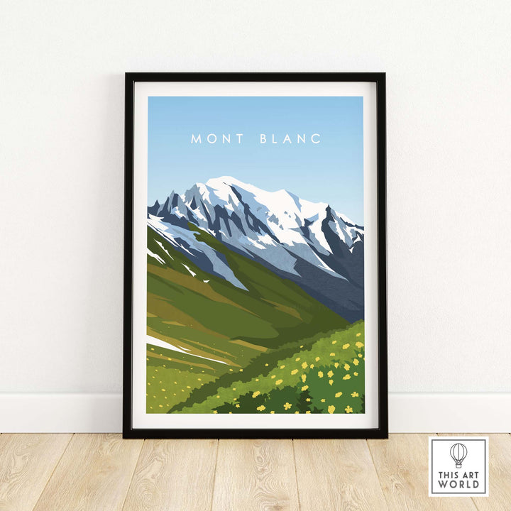 Mont Blanc Travel Poster Print in a frame showcasing mountains and greenery, perfect for stylish home decor.