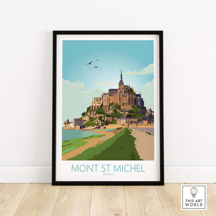 Mont Saint Michel print featuring a vintage travel poster style, showcasing the iconic island and castle in France.
