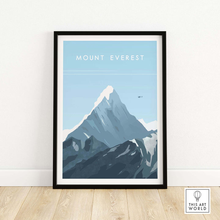 Mount Everest poster in a sleek black frame showcasing the iconic Himalayan peak and blue skies.