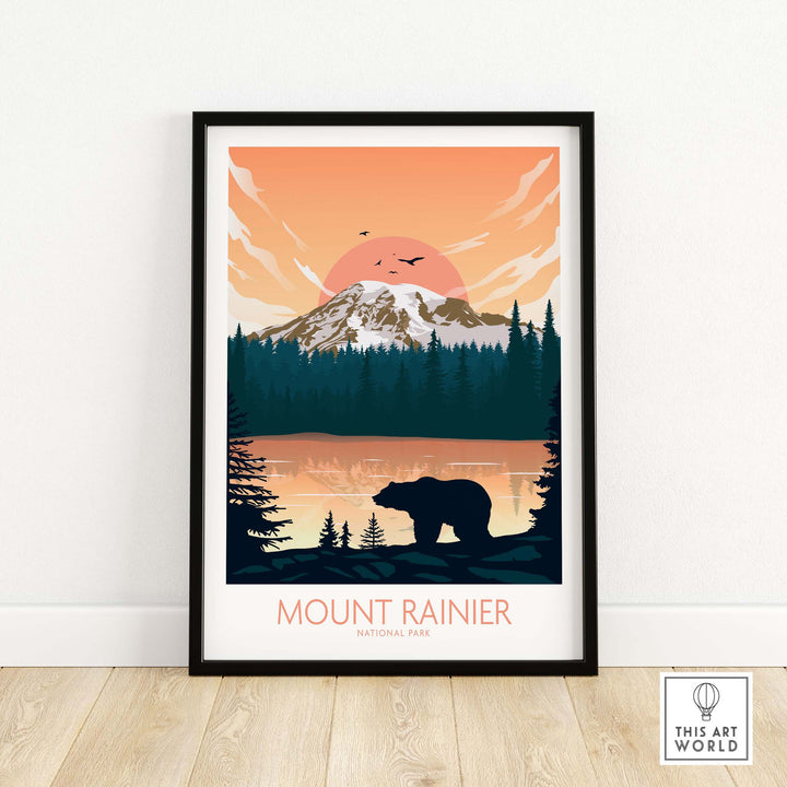 Mount Rainier poster featuring a bear silhouette, vibrant sunset, and minimalist design, perfect for home or office decor.