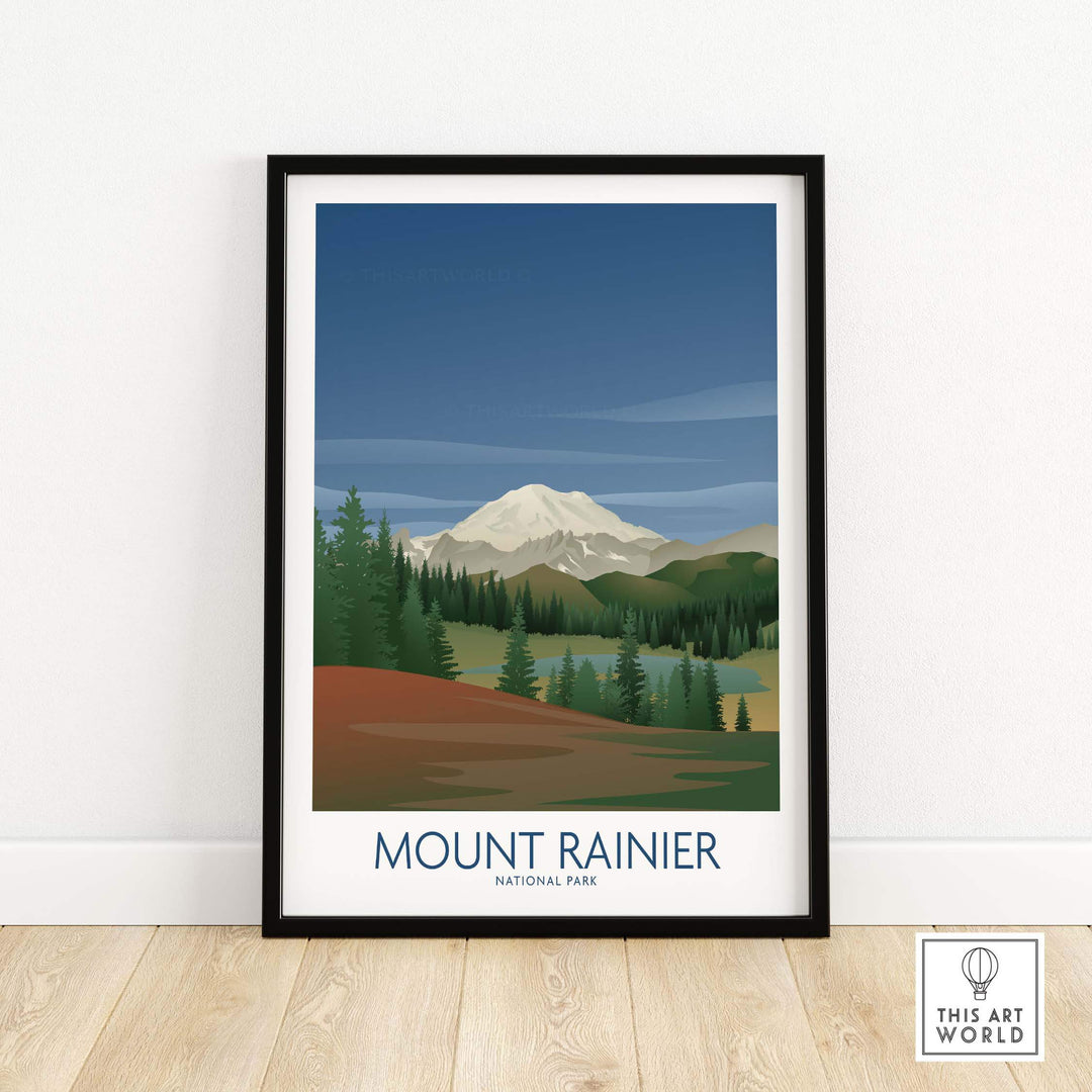 Mount Rainier National Park art print in a black frame showcasing nature and mountain scenery.