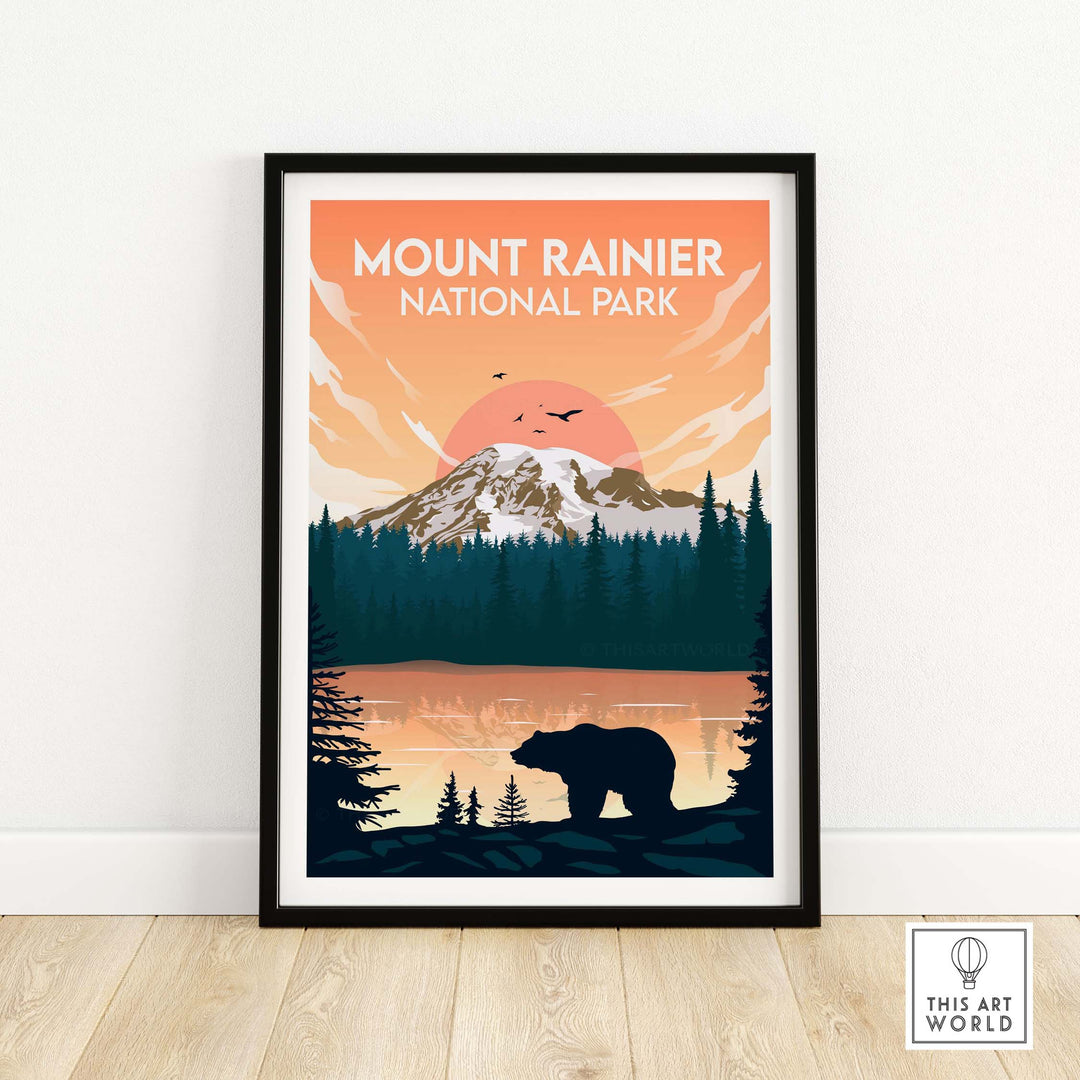 Mount Rainier National Park poster featuring a bear silhouette and mountain landscape in warm colors.