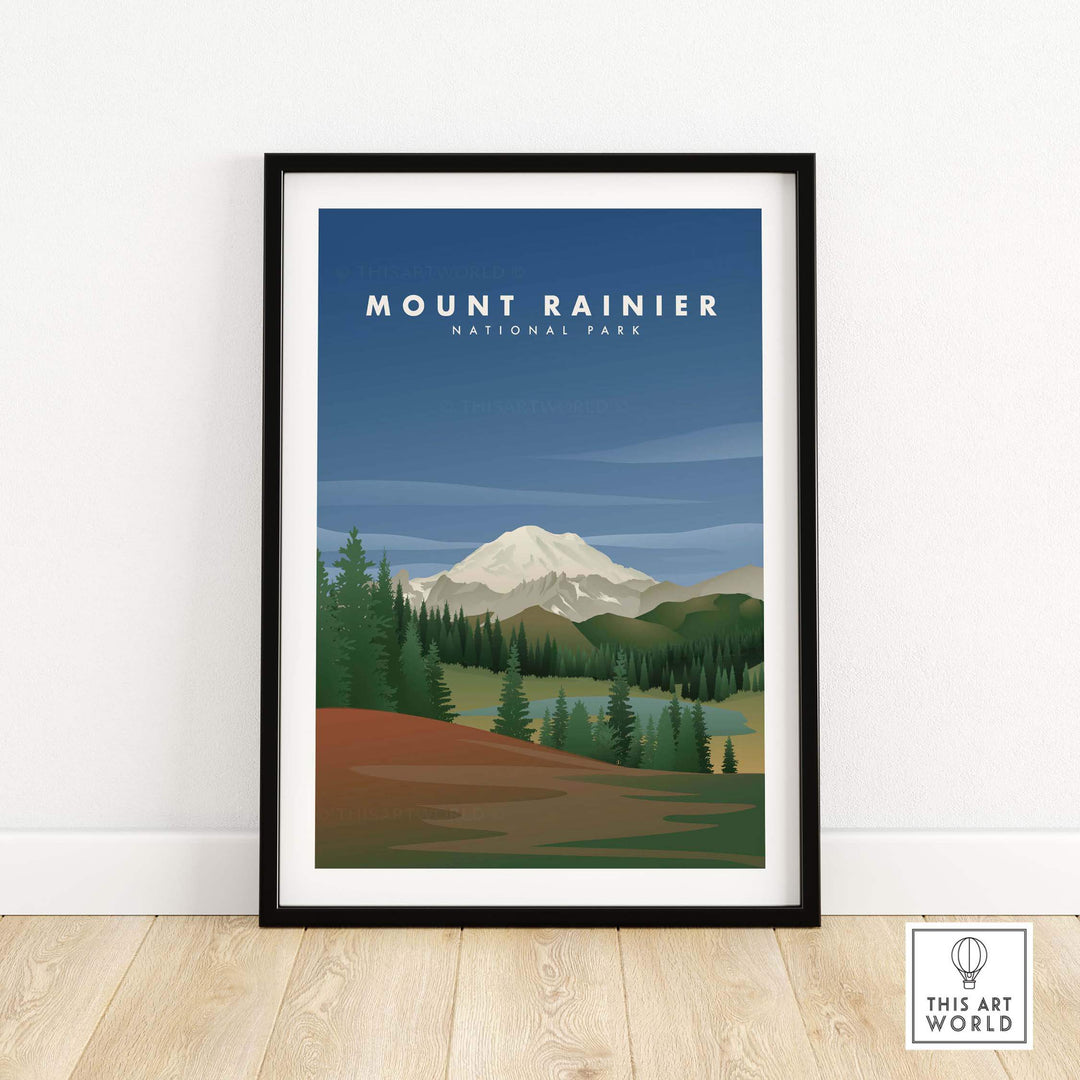 Framed Mount Rainier National Park art print showcasing vibrant landscapes and vintage travel poster style.