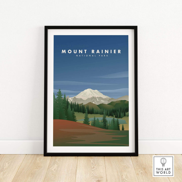 Framed Mount Rainier National Park art print showcasing vibrant landscapes and vintage travel poster style.