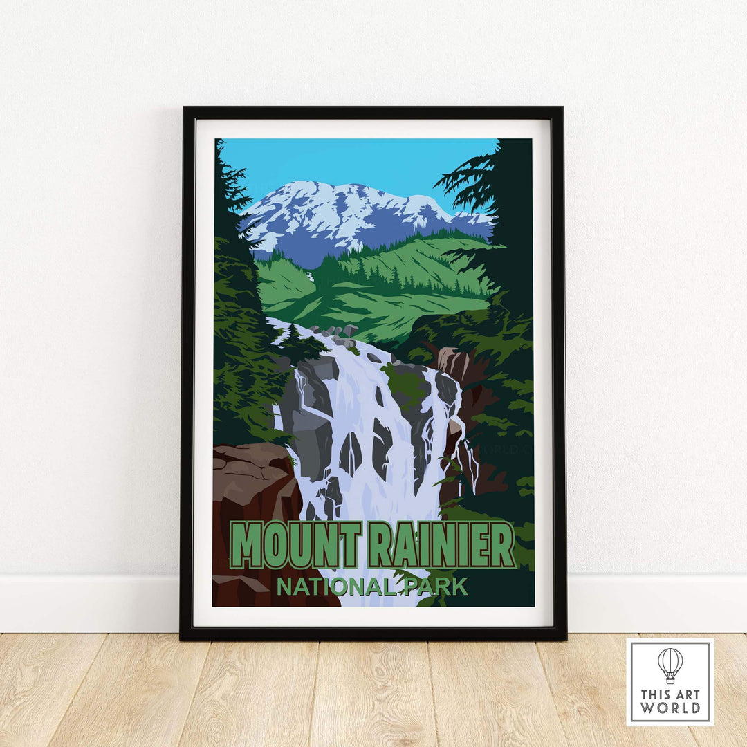 Mount Rainier National Park vintage-style print featuring a waterfall and mountain landscape.