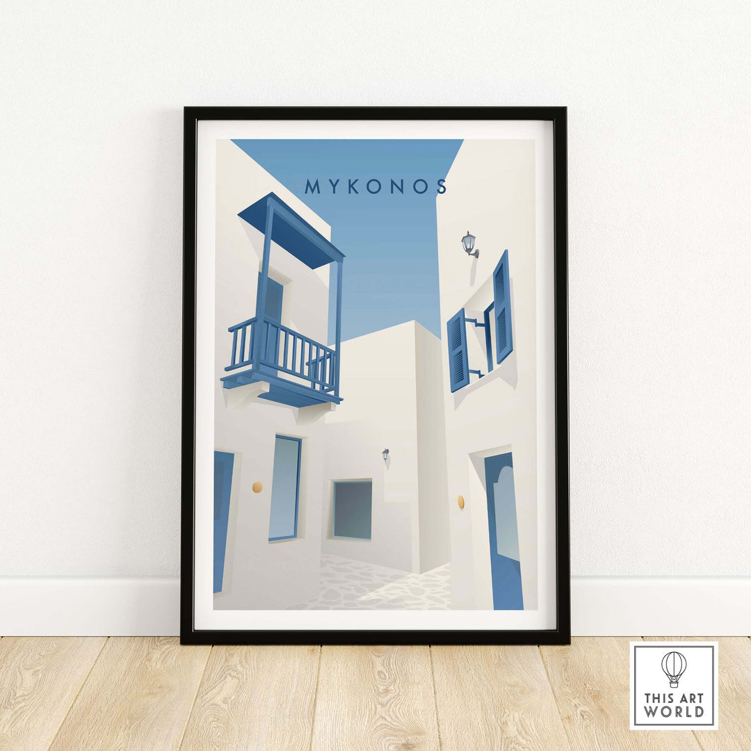 Mykonos wall art poster showcasing a vintage-style illustration of white buildings with blue accents.