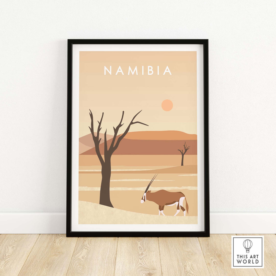 Namibia Print Dunes Poster featuring desert landscape and silhouette of an oryx, framed wall art inspiration.