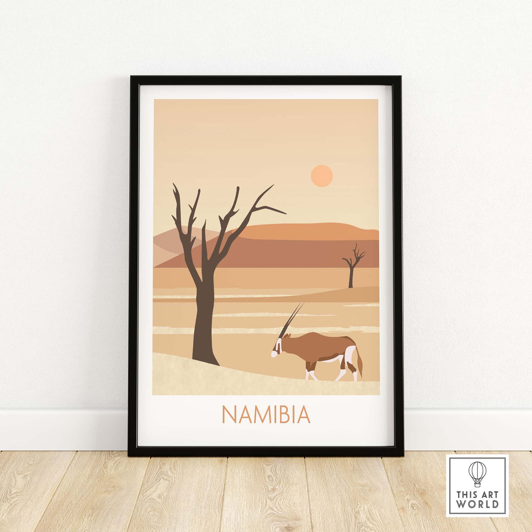 Namibia travel poster print featuring desert landscape, trees, and an oryx, perfect for home or office decor.