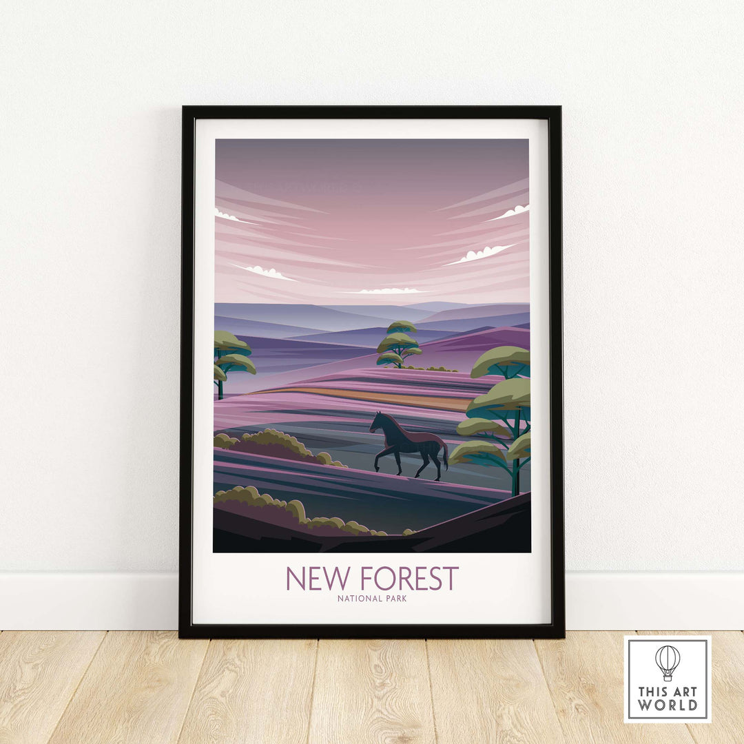 New Forest National Park poster art print featuring minimalist landscape and horse, styled for home or office decor.