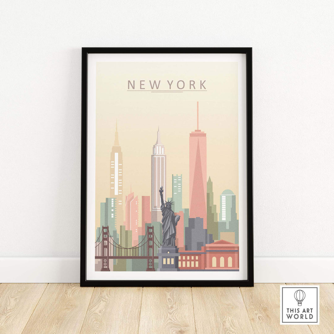 New York City skyline print showcasing iconic landmarks in pastel tones, framed wall art featuring Statue of Liberty and skyscrapers.