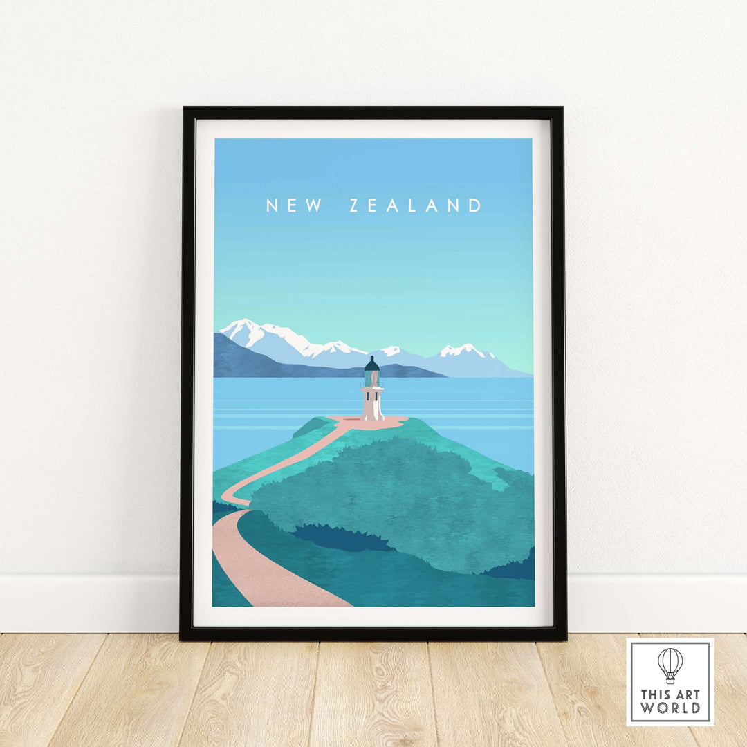 Framed New Zealand Print Wall Art Poster featuring a scenic lighthouse and mountains, perfect for home decor.