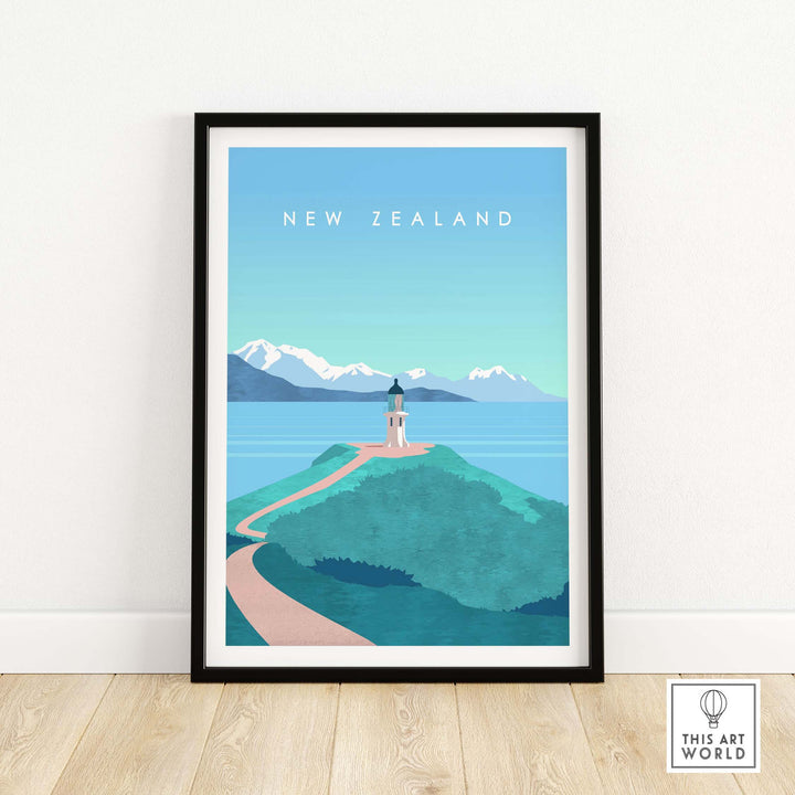 Framed New Zealand Print Wall Art Poster featuring a scenic lighthouse and mountains, perfect for home decor.