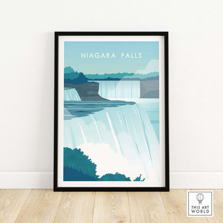 Niagara Falls print wall art poster featuring vintage-inspired design in calming blue tones.
